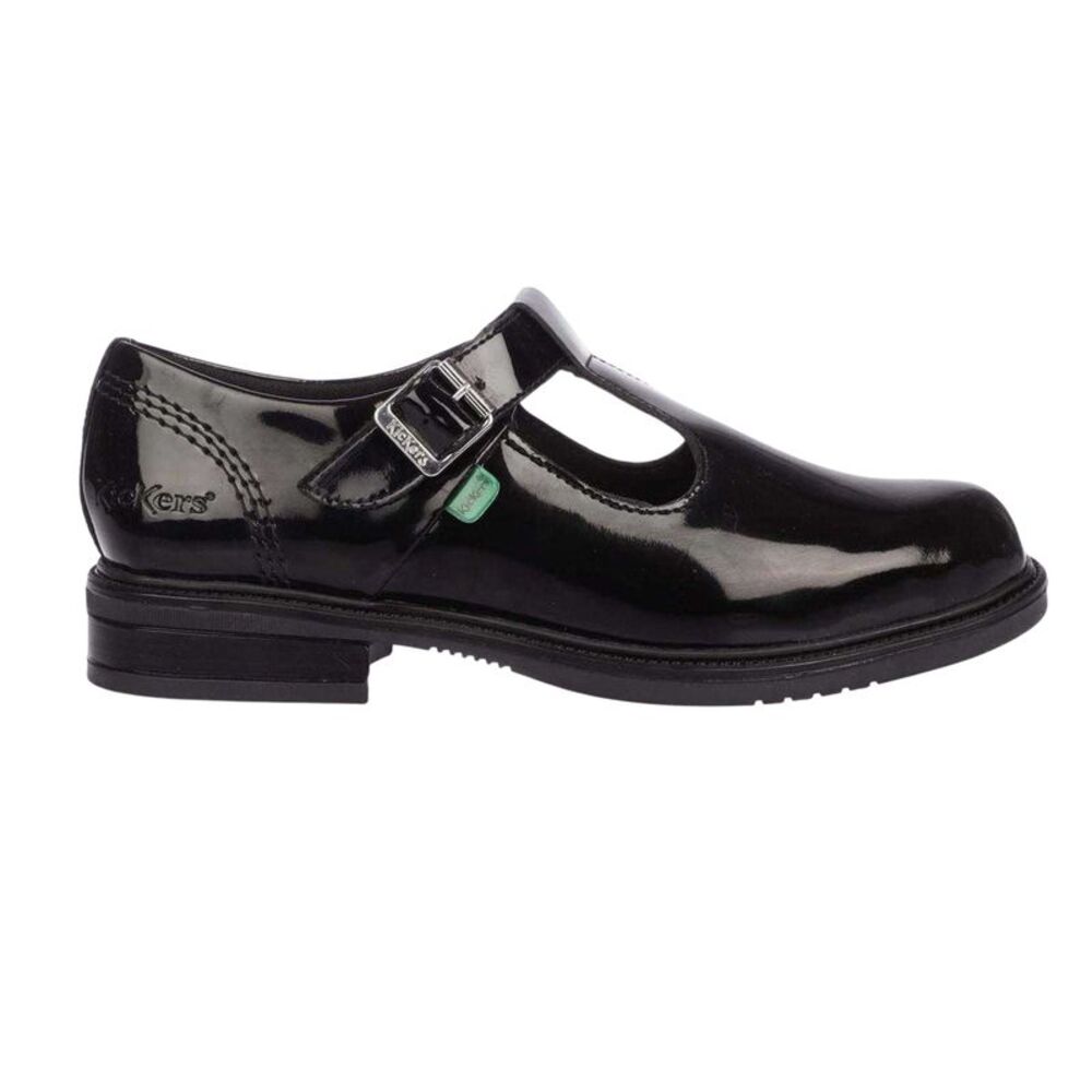 Kickers Girls Lach Patent Leather T-Bar Low Block Heel School Shoes / Black